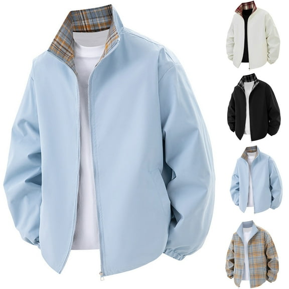 Nmnitkp Mens Jacket Solid-Color Plaid Casual Button Zipper Pocket Long Sleeve Stand-up Collar Outwear Sportswear Jacket Sky Blue,L