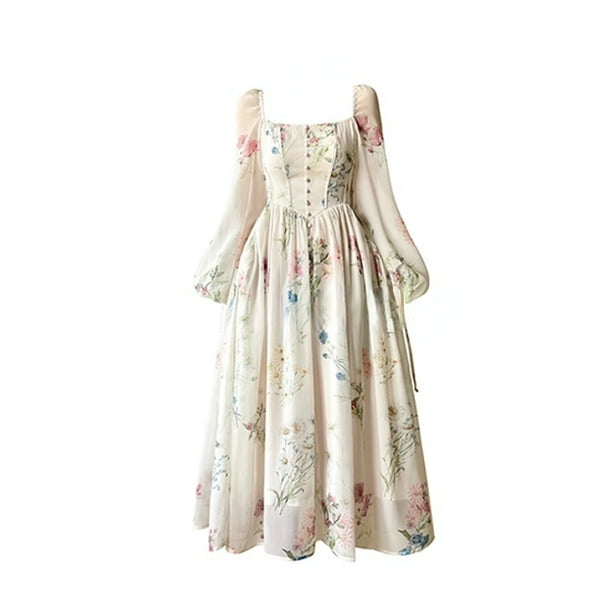French Elegant Floral Midi Dress Chiffon Long Sleeve Evening Party Dress Woman Beach Fairy One Piece Dress Korean 2023 SummerL Gao Jinjia LED