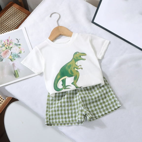 Spazoro Toddler Kids Boys Girls Outfit Shirts Sets, Summer 2025 Dinosaur Print Short Sleeve 2-Piece Casual Shorts Set Green Size 18 Months