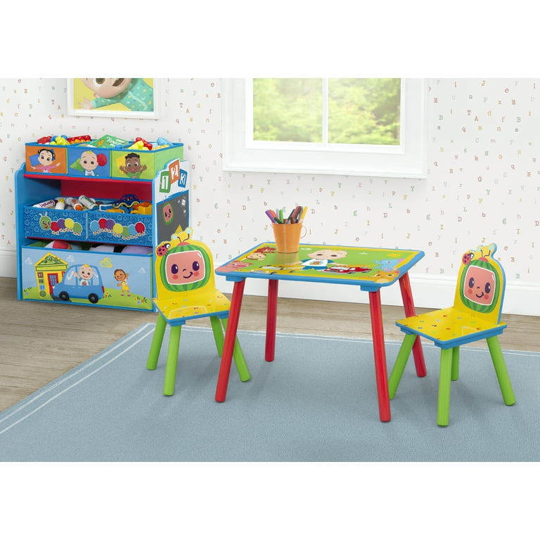 CoComelon 4 Piece Toddler Playroom Set by Delta Children Includes Play Table with Dry Erase Tabletop and 6 Bin Toy Organizer with Reusable Vinyl Cling Stickers Blue Multi Walmart