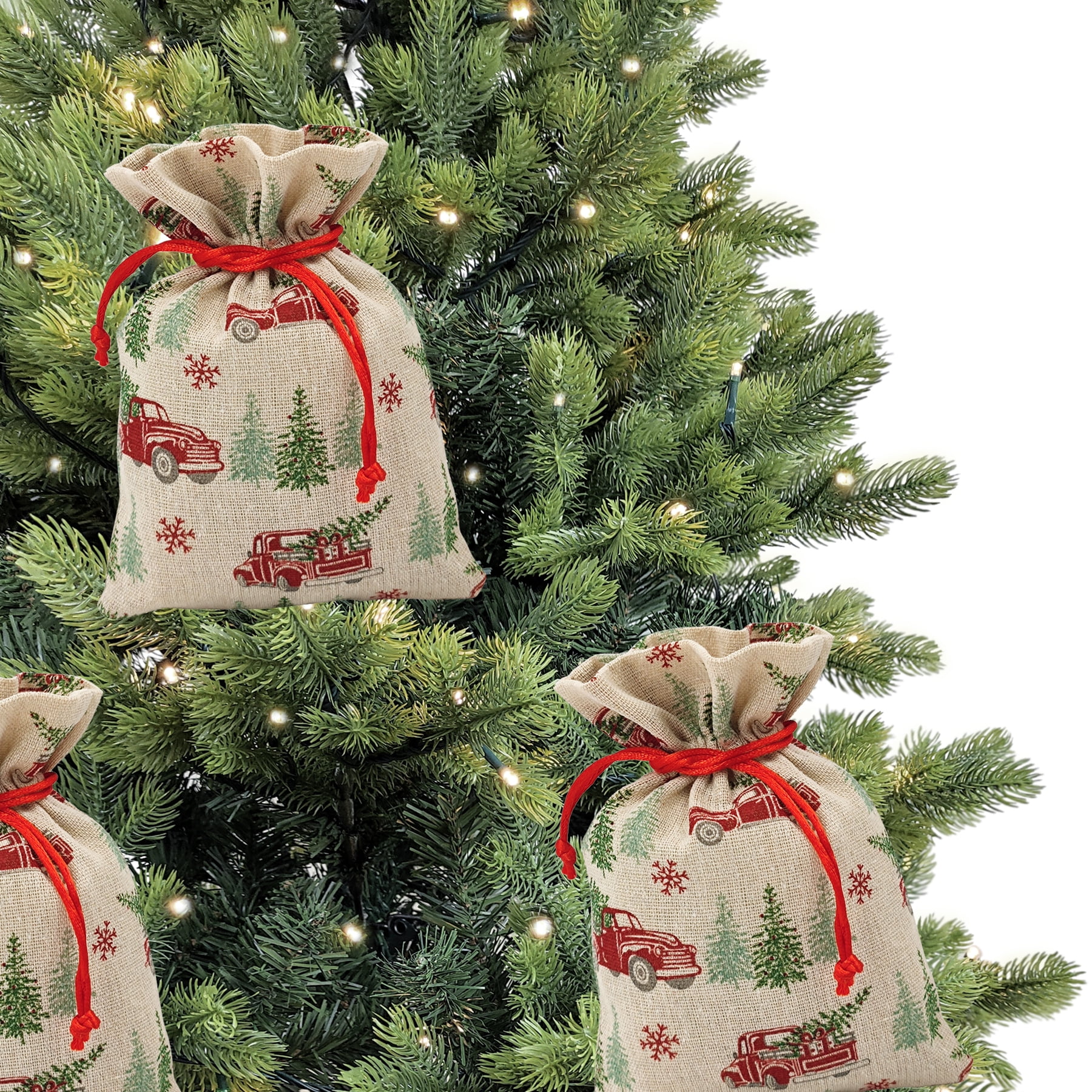 Holiday Time 5 Compte Multi couleur sacs de tissu camion modèle avec cordon 5 "par 7" pour le stockage des emballages de Noël 5CT TRUCK - FRENCH