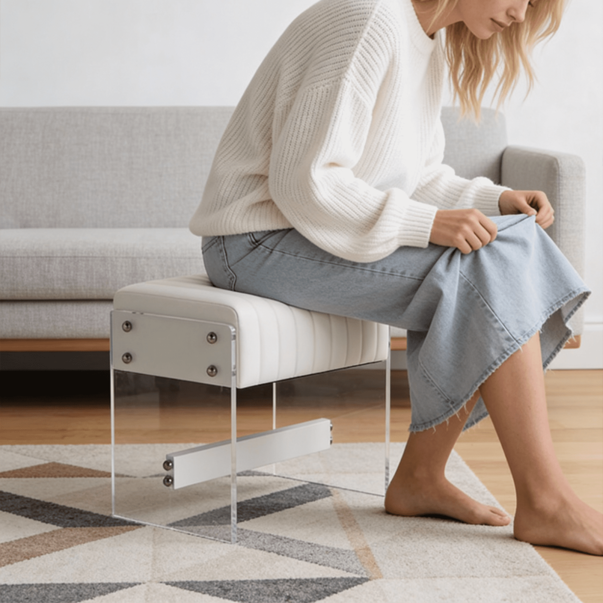 Leumius Dressing Stool with White PU Leather Surface, High-density Sponge and Transparent Acrylic Legs, Modern Luxury Square Stool for Bedrooms, Entrances and Living Rooms