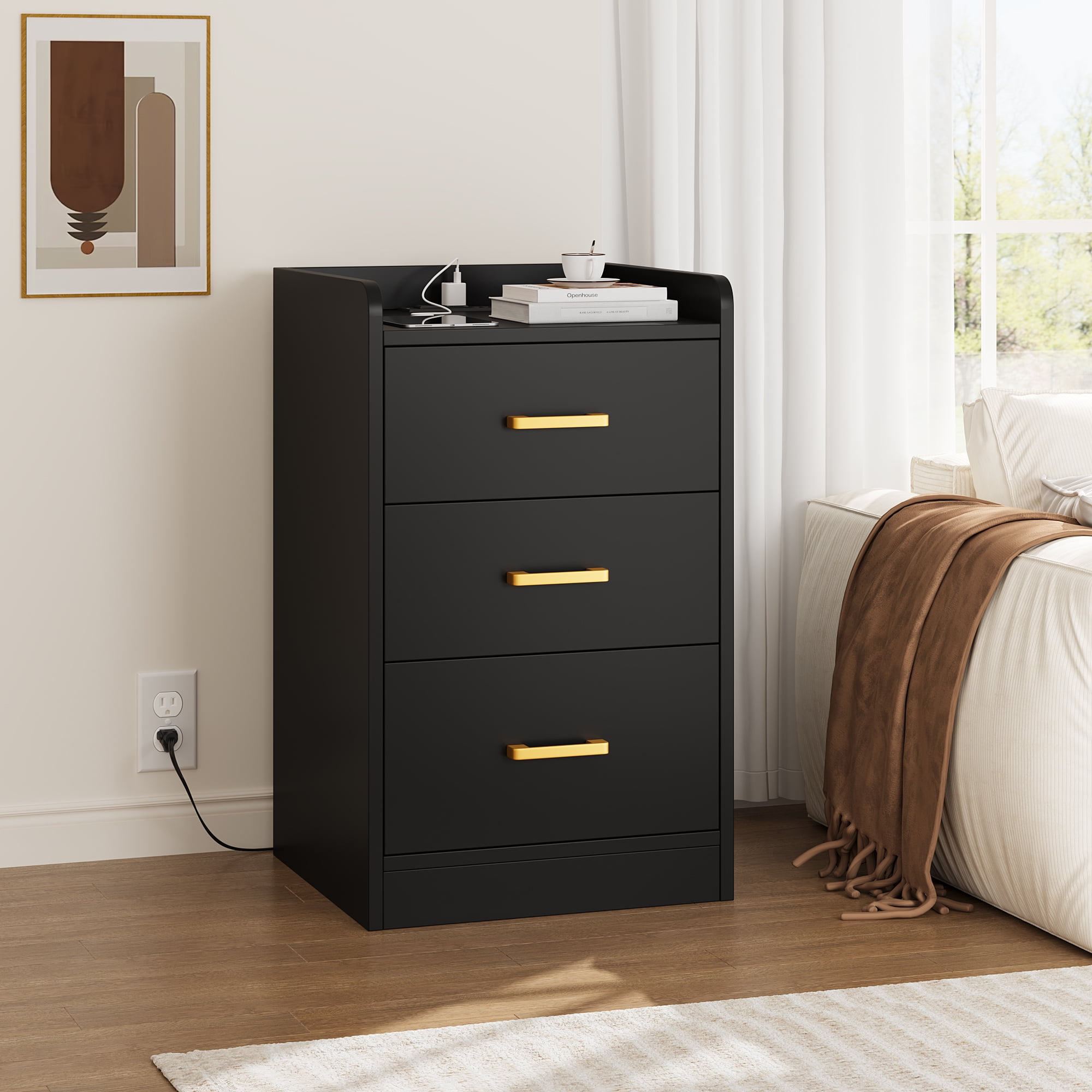 Homfa Nightstand with Charging Station, 3 Drawers Nightstand for Bedroom, Modern Storage Cabinet for Living Room, Black