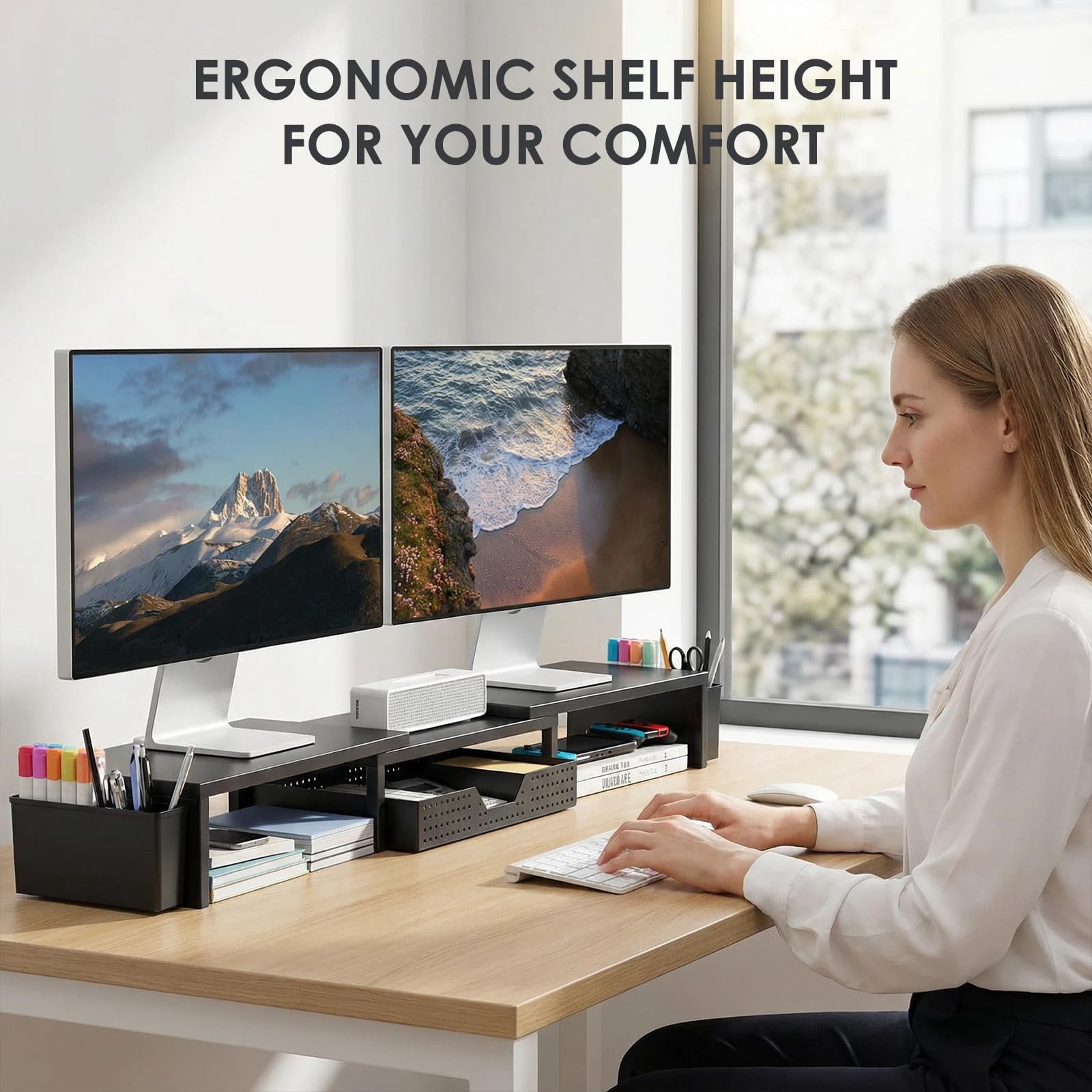 Desk Organizers And Accessories  Dual Monitor Stand Riser With Drawer 2 Pen Holders Shelf Metal Computer Racks For Office Workspace Desktop Organization (black Metal)