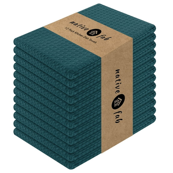 Native Fab 12 Pack Waffle Kitchen Towels - Absorbent Dish Cloths for Cleaning Drying - Teal Green