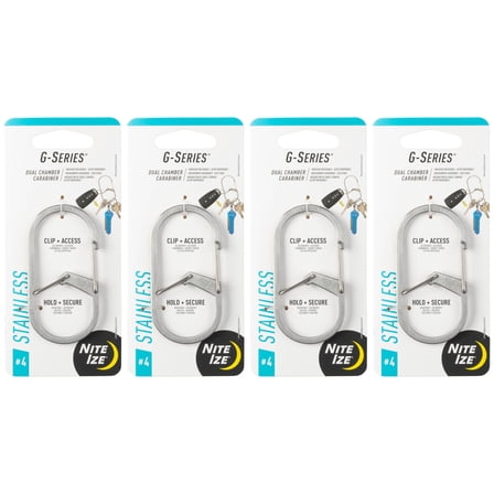 Nite Ize G-Series Dual Chamber Carabiner - Carabiner Clip for Water Bottles, Hats & Keychains - Dual Chamber Key Organizer - Key Holder Accessories - Size 4, Stainless (4 Pack)