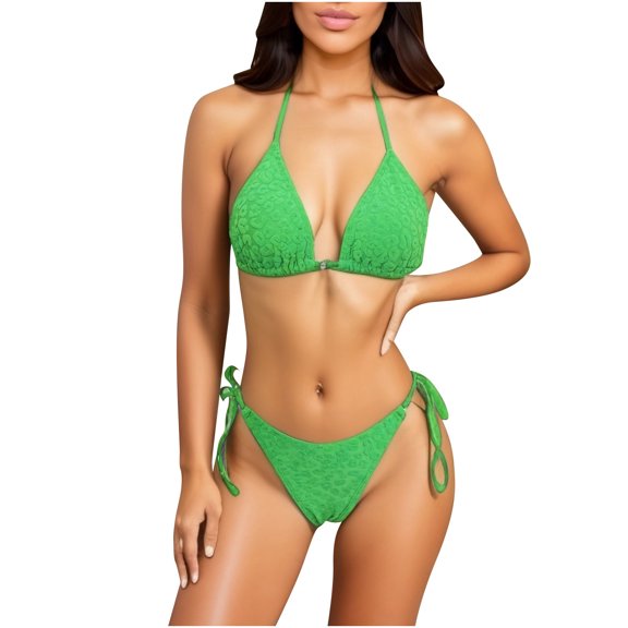 UTSJKR Women Two Piece Swimsuit Flattering Swimwear V Neck Halter String Triangle Bikini Sets Crop Top Cheeky Bathing Suit Green L