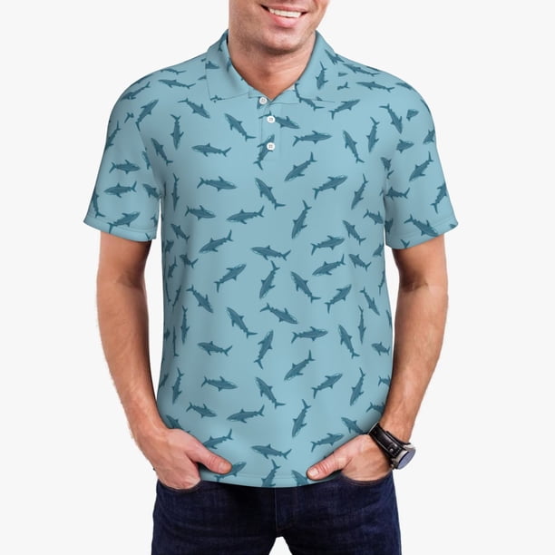 Fotbe Cute Shark Camiseta Polo de Golf para Hombre con Estampado – Camisa Deportiva Transpirable con Cuello Abotonado-Small