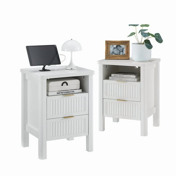 ONBRILL Fluted Night Stand with Charging Station, 23" Modern 2 Drawers End Table, Nightstand Set of 2 with Curved Profile Design, Bed Side Table for Bedroom, Living Room, White(2-Pack)