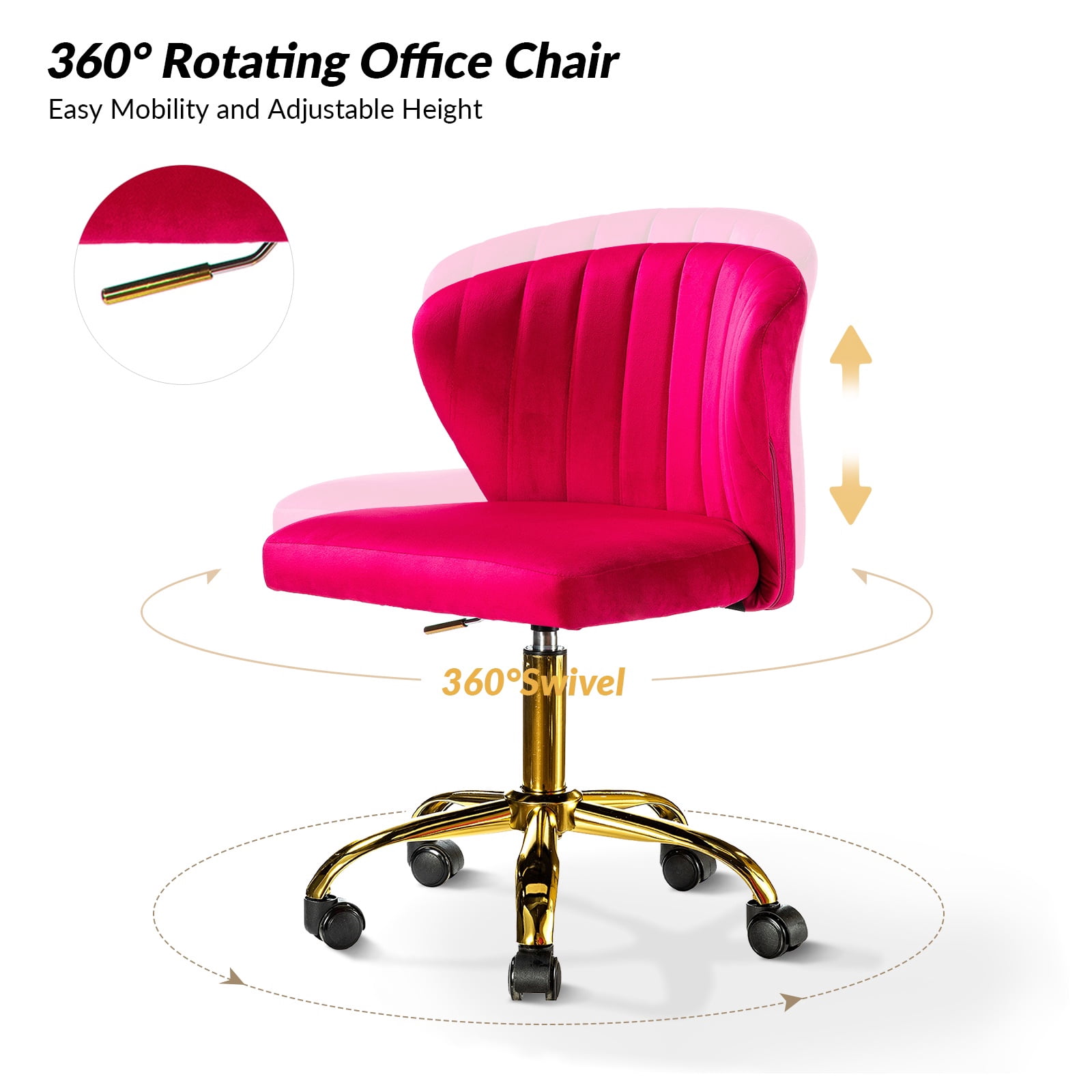 Tina's Home Fushia Velvet Swivel Office Chair with Gold Legs, Adjustable Height Rolling Desk Chair for Vanity