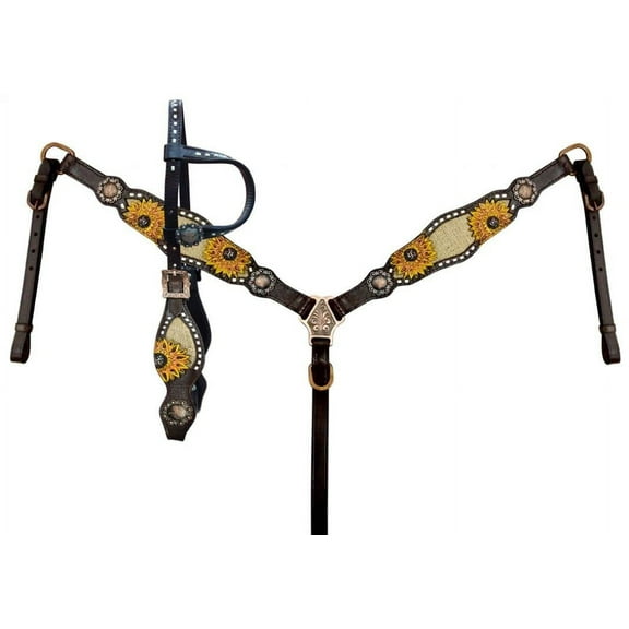 Showman Leather Headstall & Breast Collar Set w/ Sunflower Accents & Burlap Inlay