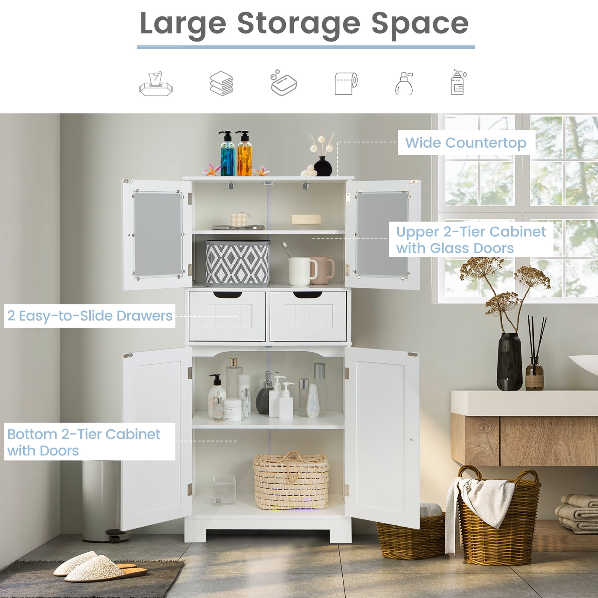 Costway Bathroom Floor Storage Cabinet Kitchen Cupboard with 2 Drawers & Glass Doors White