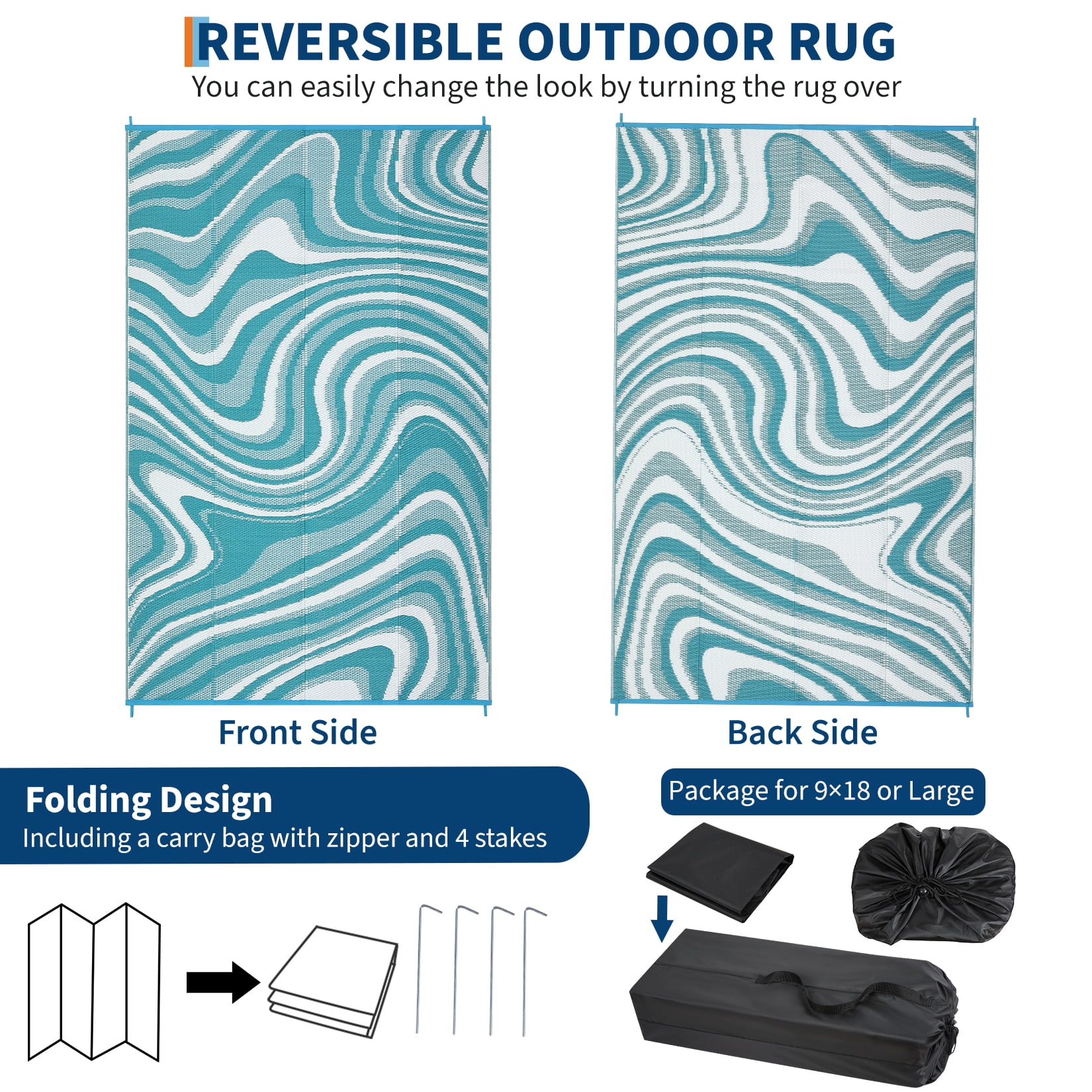 HIWEAVER 10' x 20' Blue/White Outdoor Rug PP Plastic Straw Woven Waterproof Patio Rug with Border Portable Outside Carpet for Balcony Deck Picnic Garden Decor