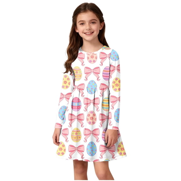 Girls Easter Dress Long Sleeve with Bow A-Line Pastel Print Beige Church Dresses for Kids Sizes 4-14,Size 5-6 T