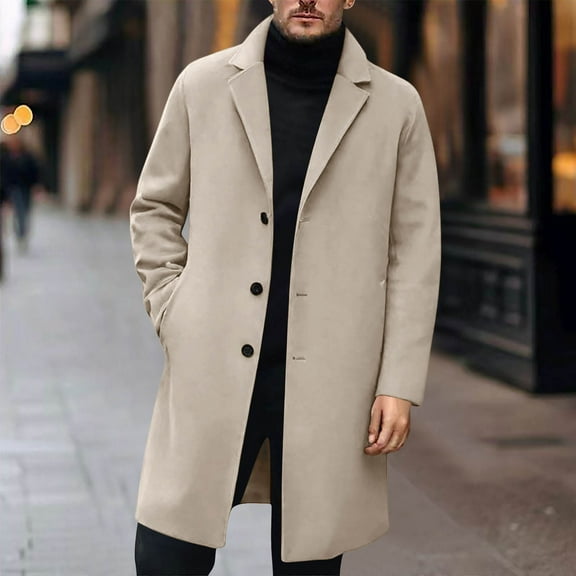 Men's Wool Blend Overcoat, Long Sleeve Lapel Collar Coat with Button Front and Pockets, Versatile for Casual and Formal Occasions, All Season Wear