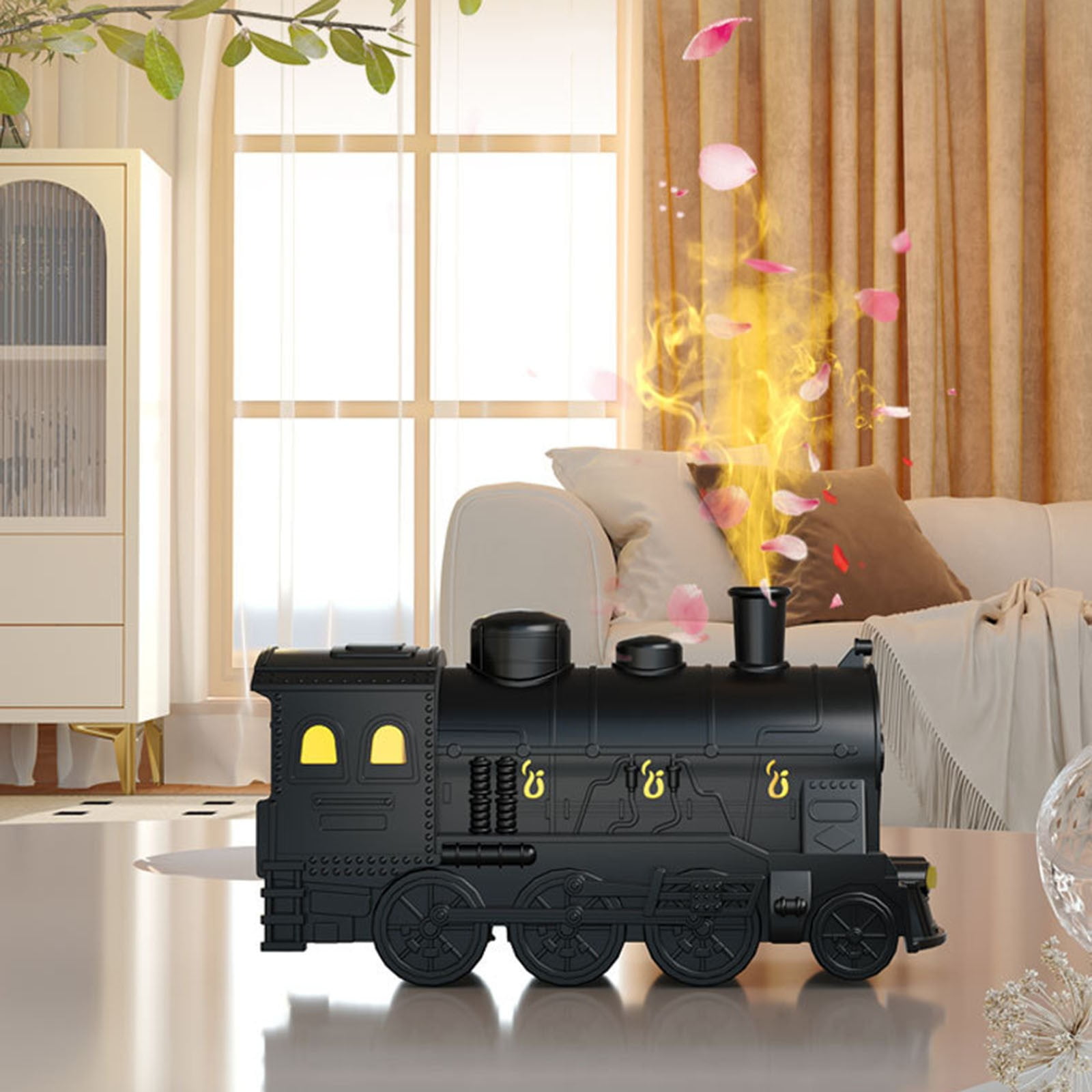 Colorful LED Train Aromatherapy Diffuser with Remote Control, 300ml Humidifier, Whimsical Design, Wireless Operation, Simulated Train Sound, Ideal for Home Office Black