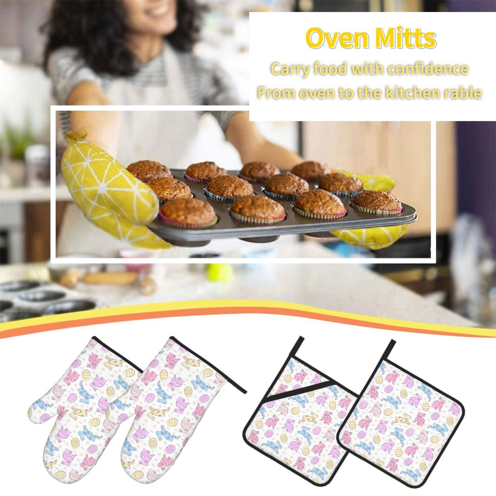 Naloa Easter Colorful Rabbit Oven Mitts and Pot Holders 4 pcs Set, Cooking Baking Grilling Kitchen Oven Glove for Cooking