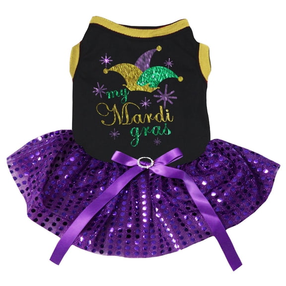 Petitebelle Clown My Mardi Gras Puppy Dog Dress (Black/Purple Sequins, Small)