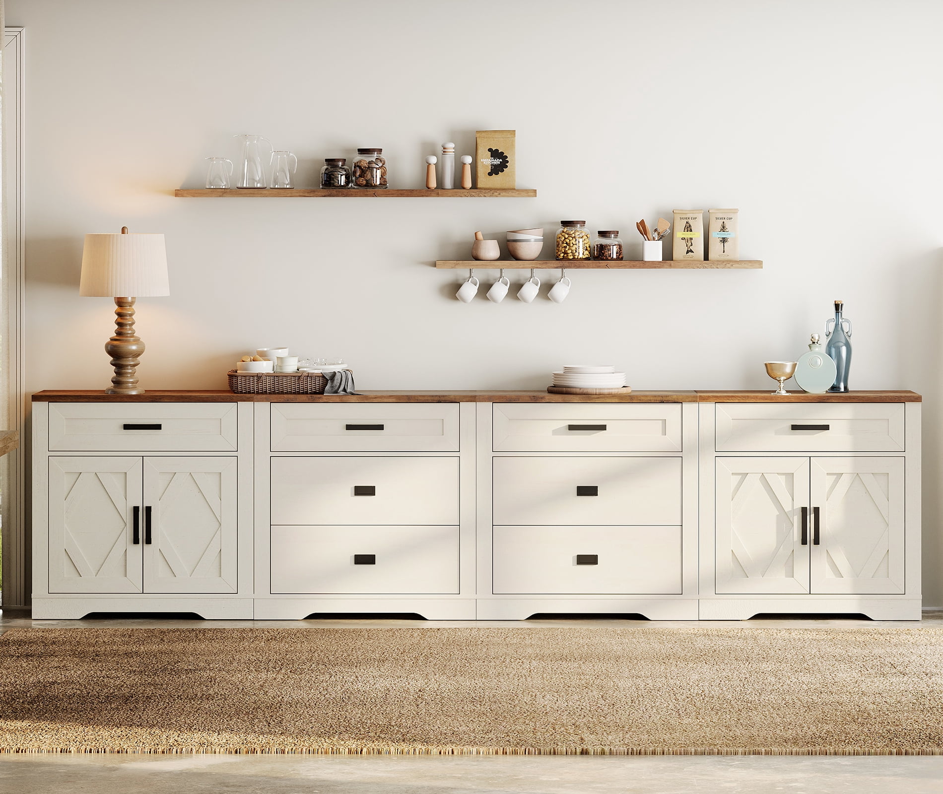 WAMPAT 126"W Large TV Stand,4-in-1 Farmhouse Entertainment Center with Storage Barn Door Cabinet,TV Console Table With Media Cabinet and Drawers for Living Room,Bedroom,Cream White