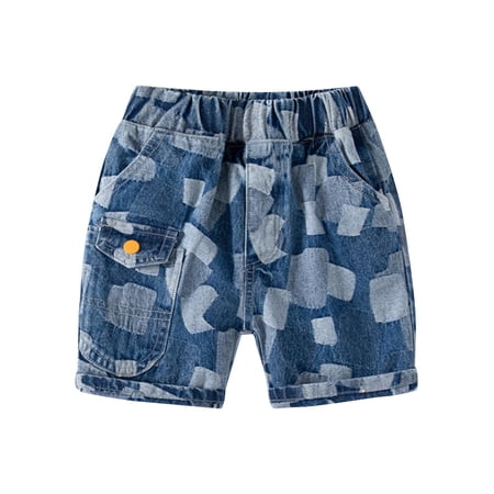 BCSIOAOI Toddler Boy Shorts Denim Elastic Waist Camo Print Shorts with Pocket&Yellow Button Dark Blue 5 T