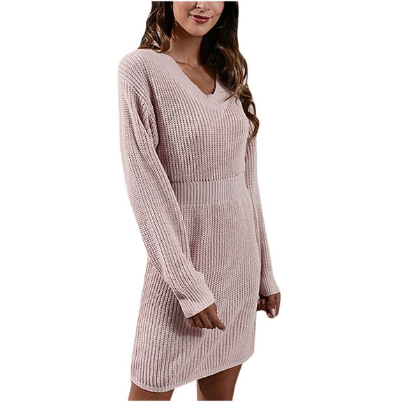 FRSASU Dresses for Women Clearance Ladies V-Neck Drop Shoulder Long Sleeve Waist Waist Knitted Sweater Dress