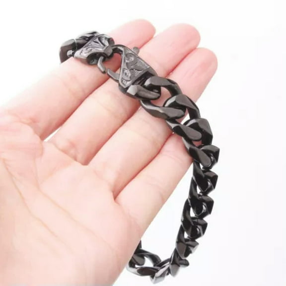 QQTDFG Fashion 13/15mm 316L Stainless Steel Cuban Curb Chain Mens Bracelet Bangle 7-11"-8.5 inch-15mm-Black