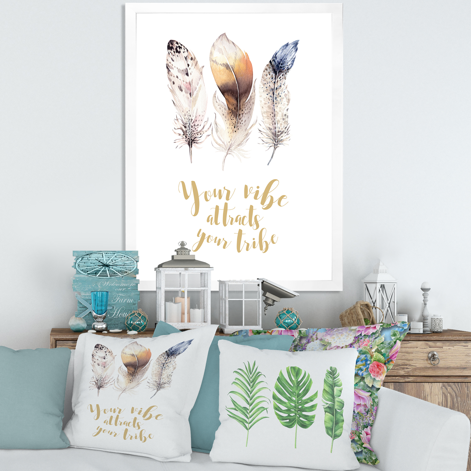 Multicolored Ethnic Art Feathers With Inspiring Quote 30 in x 40 in Framed Painting Canvas Art Print, by Designart