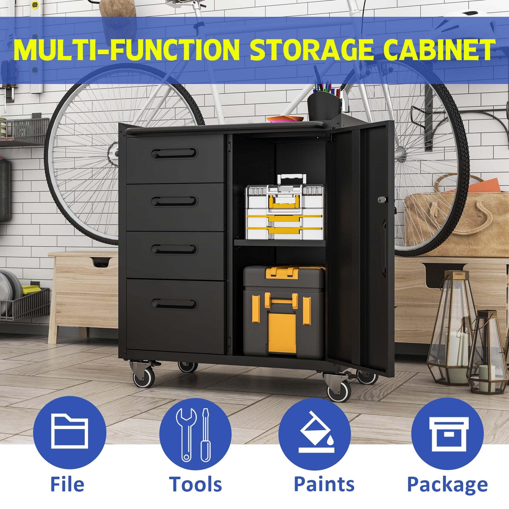 Izzovium 34.65" Steel Tool Cabinet with Lockable Wheels, Garage Organizer with Drawers, Black/Gray