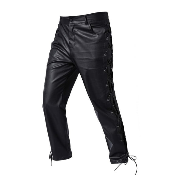 Wancir Men's Faux Leather Pants Steampunk Goth Trousers Pocket Slim Fit Leather Pants Vintage Side Lace Up Cinch Bottom Pants