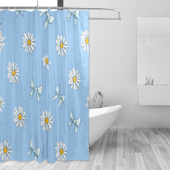 Pastel Blue Bows Daisies Flower Shower Curtains with 12 Hooks Waterproof Bathroom Decor 66" x 72"