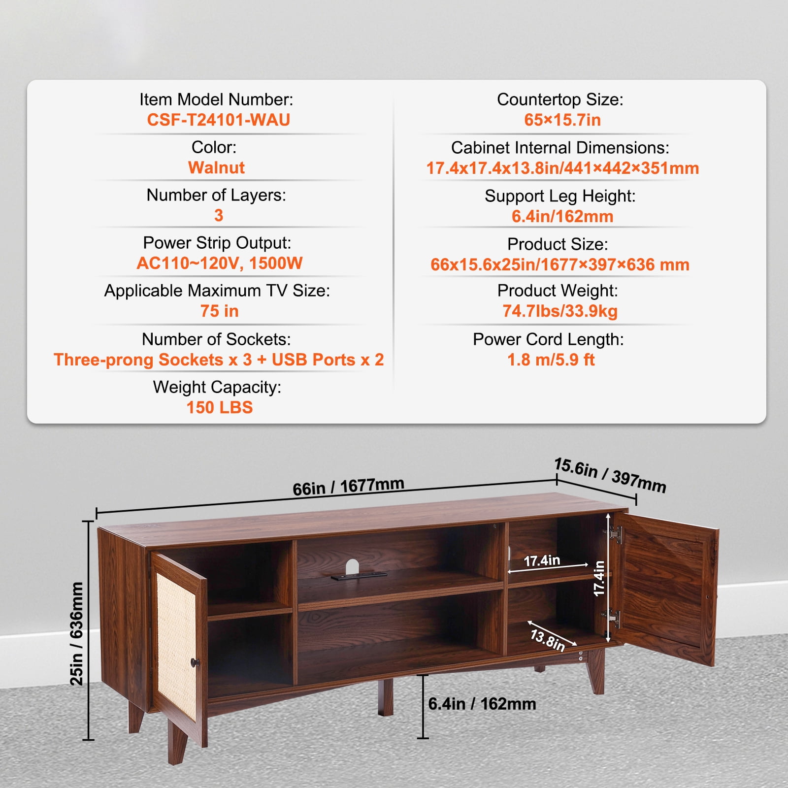 KFFKFF Walnut TV Stand for 75in Television, Bohemian Style TV Console with Rattan Door, Media Center with Integrated Socket, Two-Shelf Storage Cabinet, Contemporary Design for Living Space,Media Area