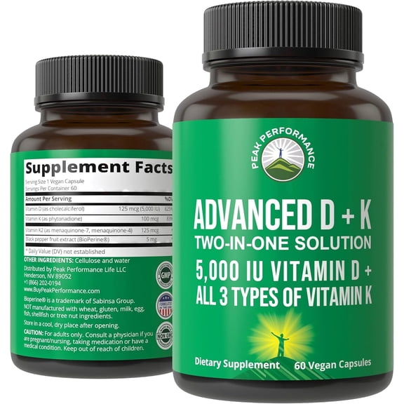 Peak Performance Advanced Vitamin D 5000 IU with All 3 Types of Vitamin K Vitamin D3 and Vitamin K2, K1, MK-7 (MK7), MK4 Supplement. 60 Small and Easy to Swallow Pills (5000 IU)