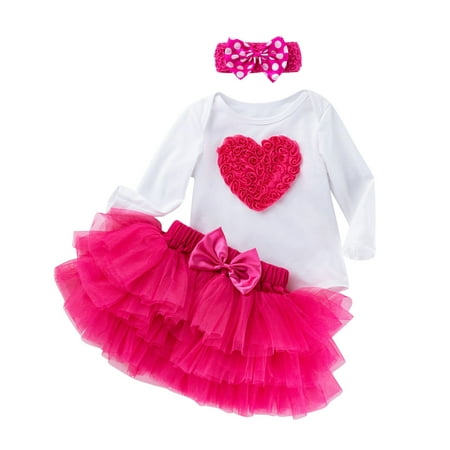 

Zlekejiko Baby Girls Heart Embroidery Long Sleeve Romper Bodysuit Tutu Tulle Skirt Headband Valentine s Day Outfit Set
