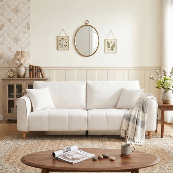 87.2 inch Mid-Century Modern 3-Seater Linen Fabric Couch with Vertical Channel Tufting and 2 Pillows,Beige
