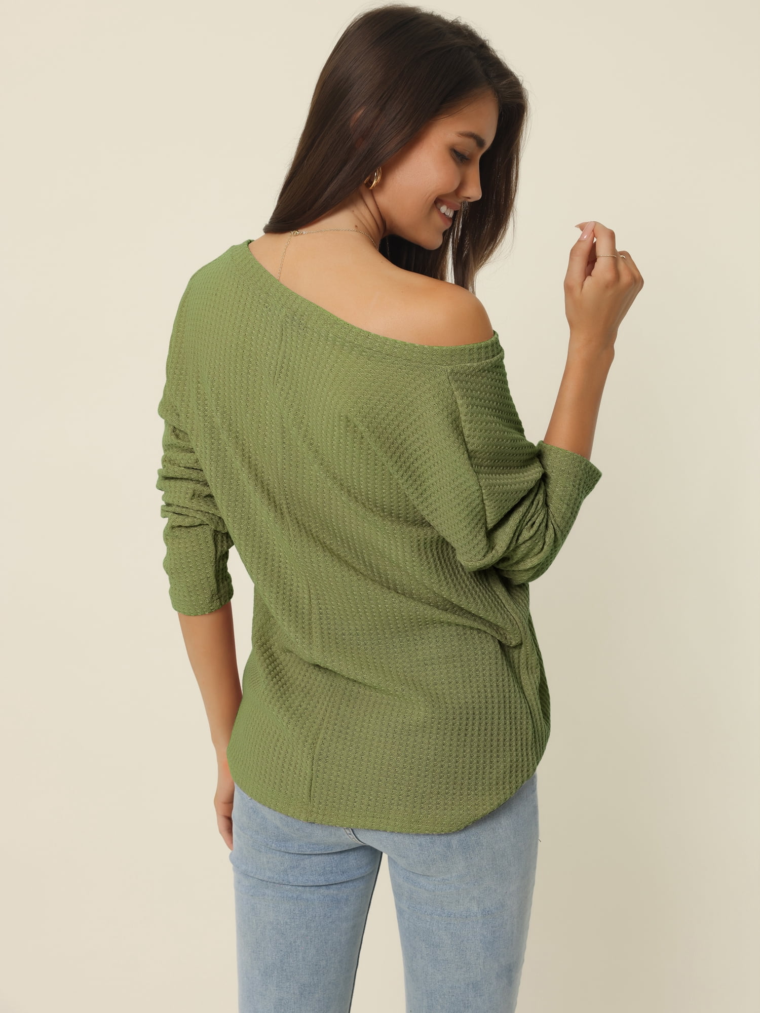 Women's Waffle Knit V Neck Long Sleeve Casual Blouse Lightweight Top M Army Green