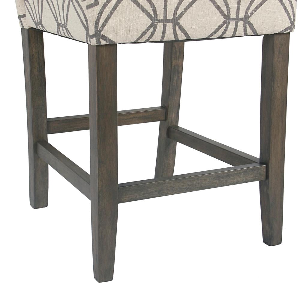 Wooden 24 Inch Counter Height Stool with Trellis Pattern Fabric Upholstery Cream and Gray - Saltoro Sherpi