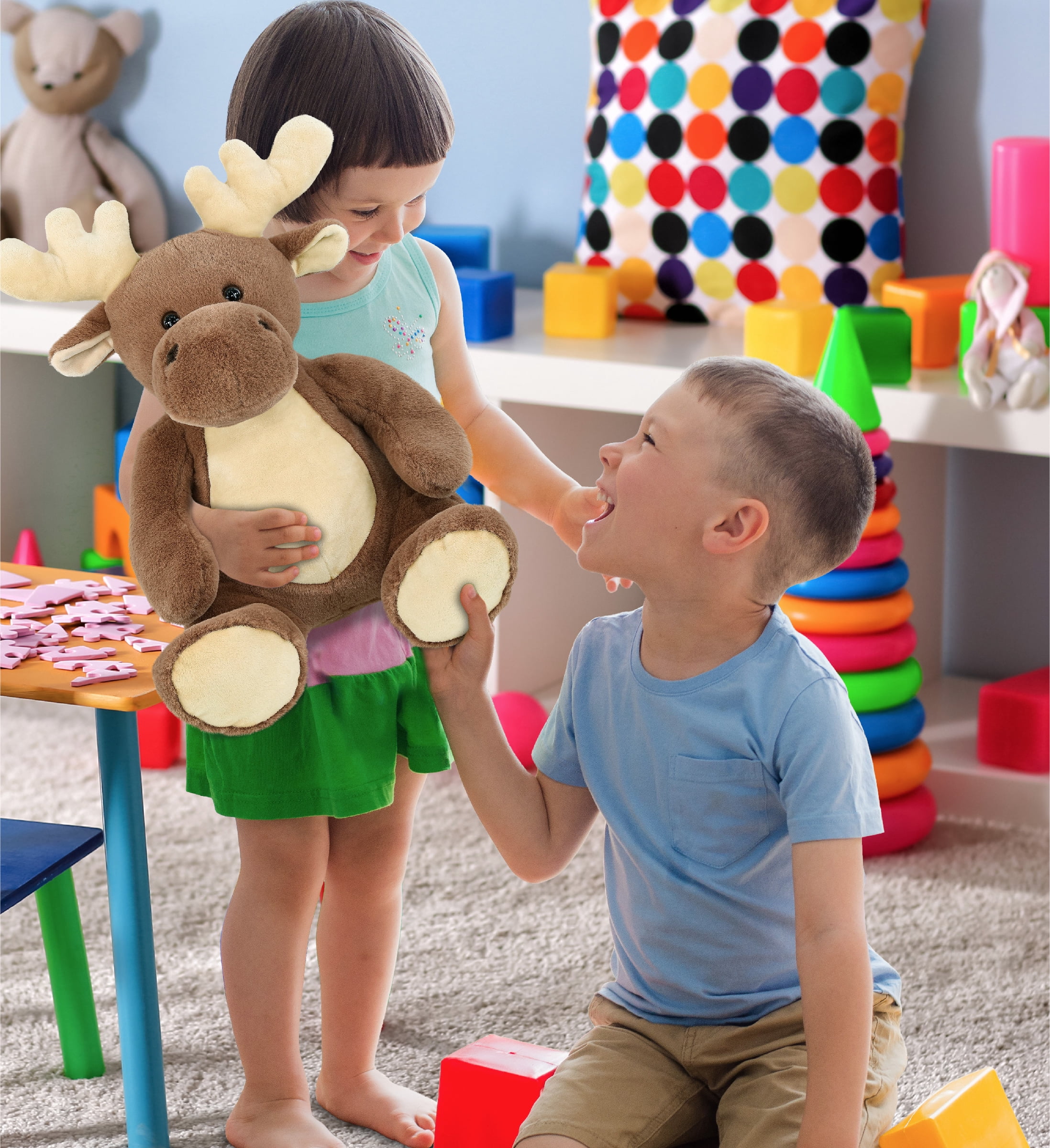 DolliBu Extra Large Moose Stuffed Animal - Soft Huggable Moose, Adorable Playtime Moose Plush Toy, Cute Wild Life Cuddle Gifts, Super Soft Moose Plush Doll Animal Toy for Kids and Adults - 14 inches