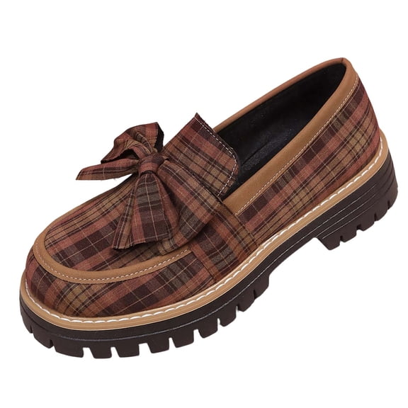 Women’s Summer Loafers Plus Size Slip On Chunky Heel Low Heel Plaid Bowknot British Style Niche Versatile Outdoor Trendy Brown 7