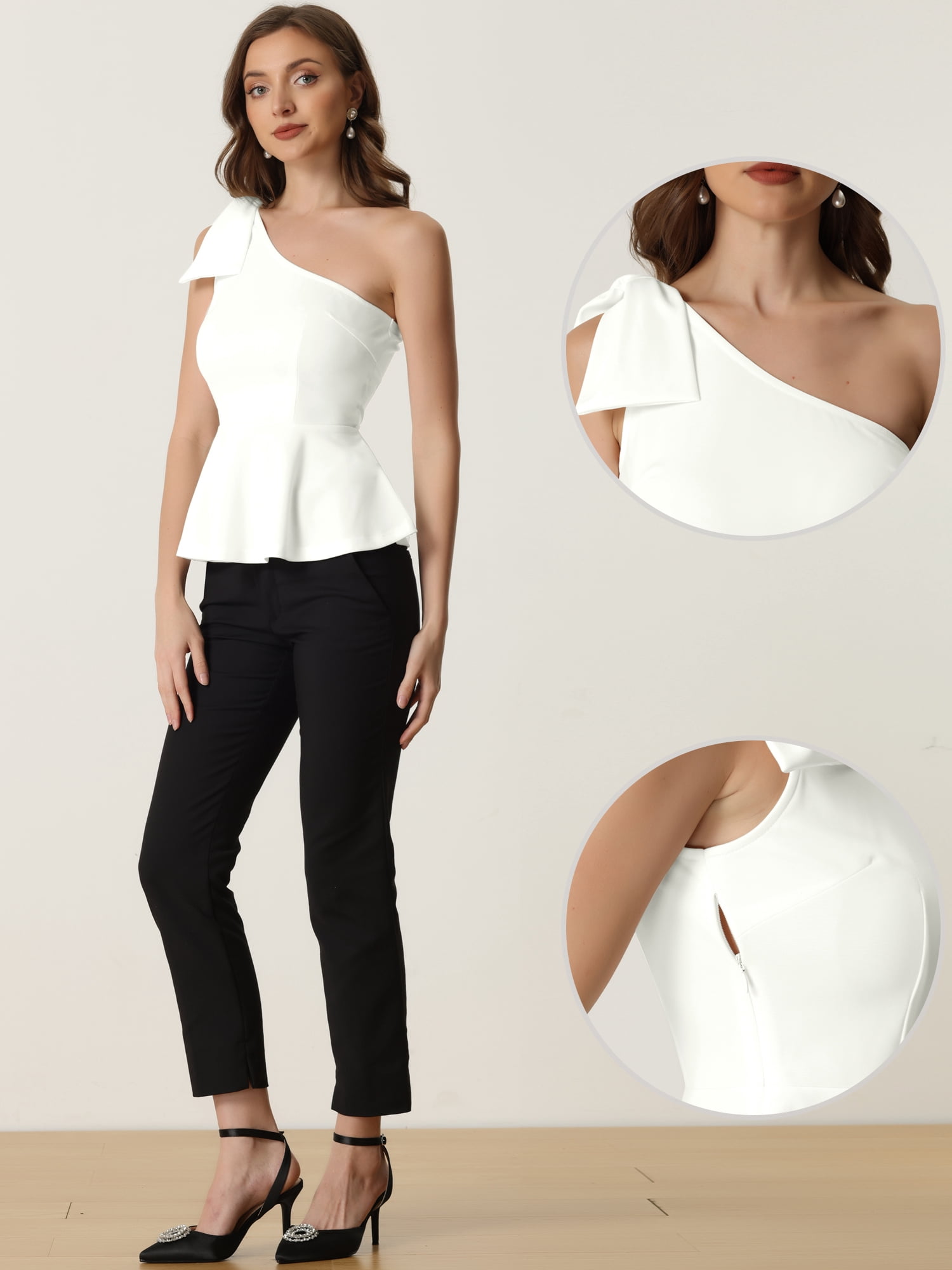 DARING DIVA Women's One Shoulder Top Bow Ruffled Peplum Top M White