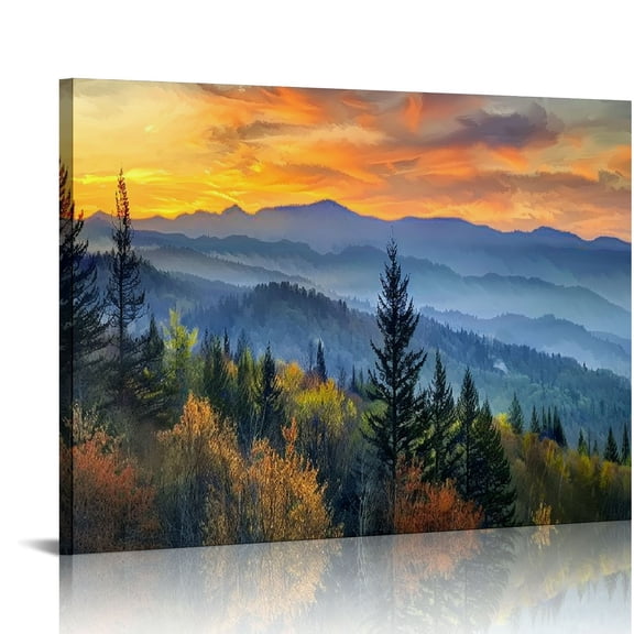 QKZF Great Smoky Mountain Wall Art for Living Room Nature Decor Forest Sunrise Photography Canvas Prints Vintage Green Landscape Picture National Park Poster Framed Artwork