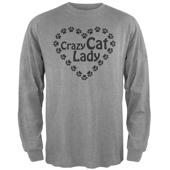 Crazy Cat Lady Paw Heart Grey Adult Long Sleeve T-Shirt - Medium