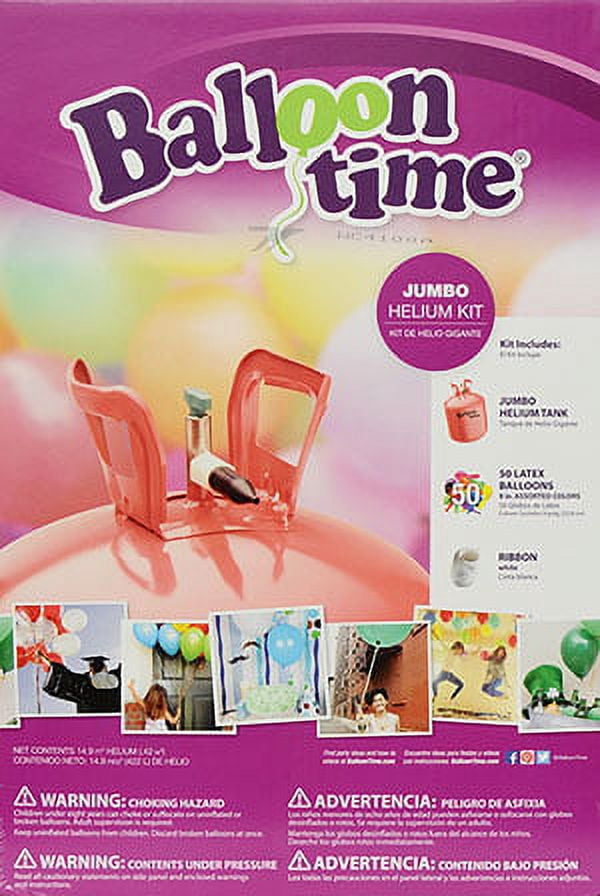 Balloon Time 12in Jumbo Helium Tank Kit, Includes 50 Balloons & Ribbon