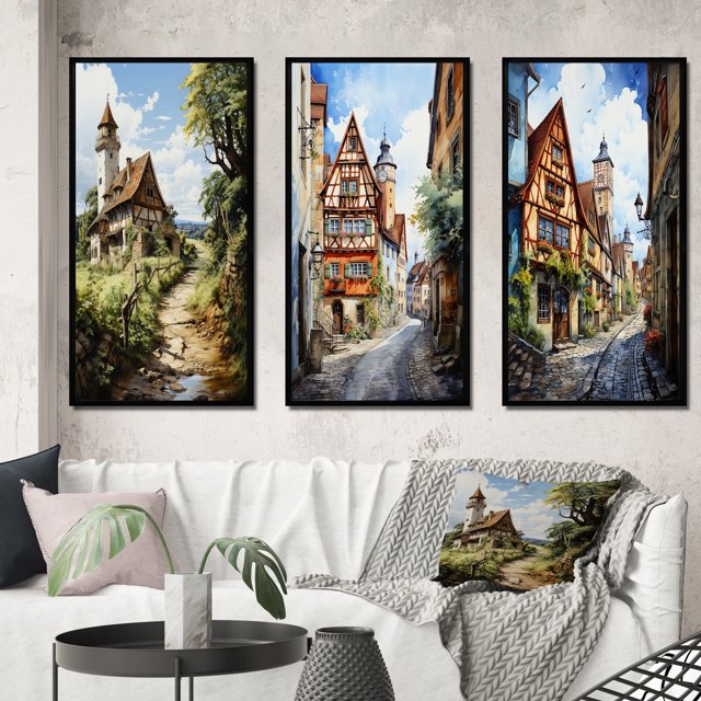 Designart "Blissful Rural Germany I" Germany Framed Wall Art Set Of 3 - Beige Germany Frame Gallery Wall Set For Home Decor