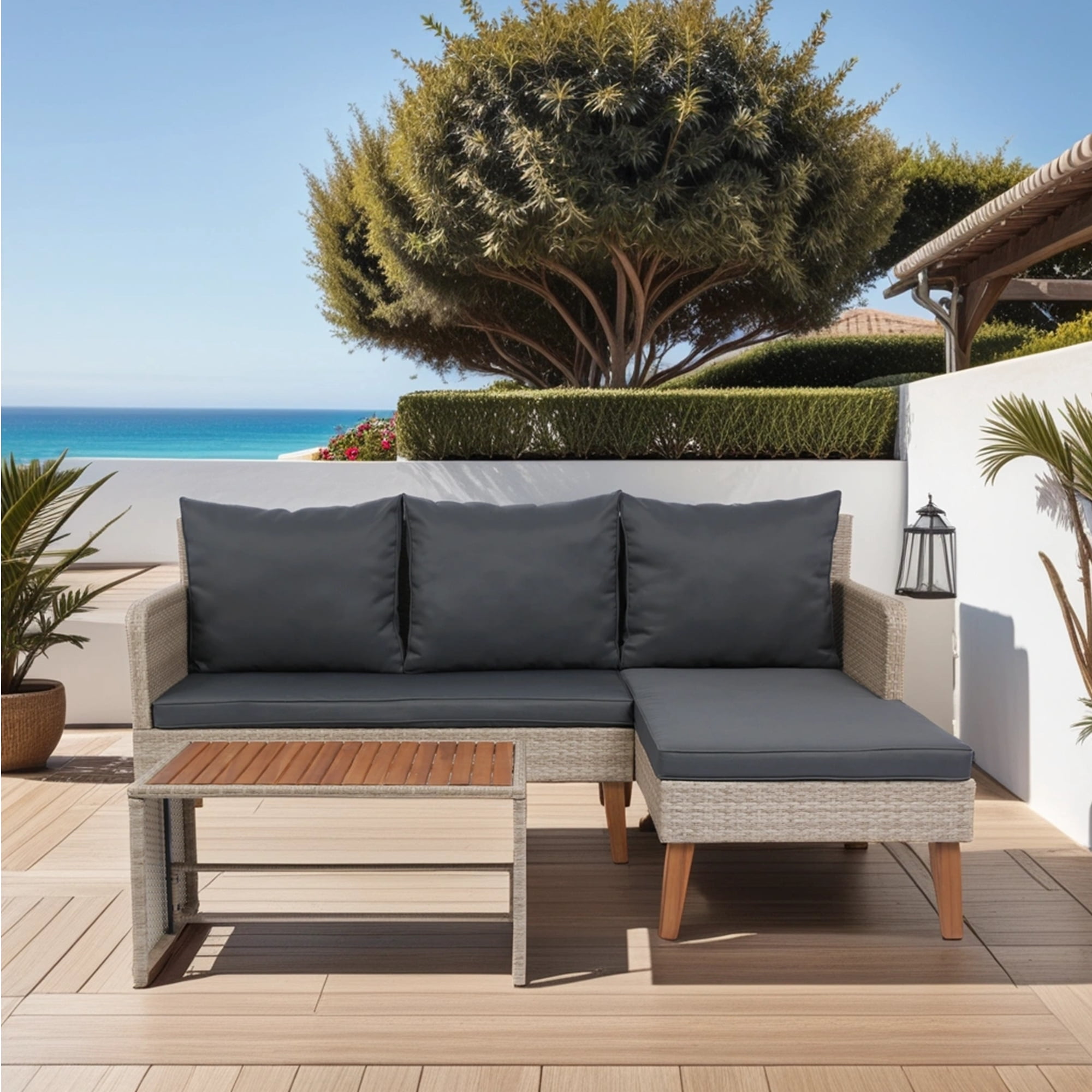 3 Pieces Patio Furniture Set,Outdoor Wicker Rattan Sectional L- Shaped Sofa with Ottoman,Wicker Conversation Set with Coffee Table for Backyard Poolside,Yellow Wicker + Dark Grey Cushion