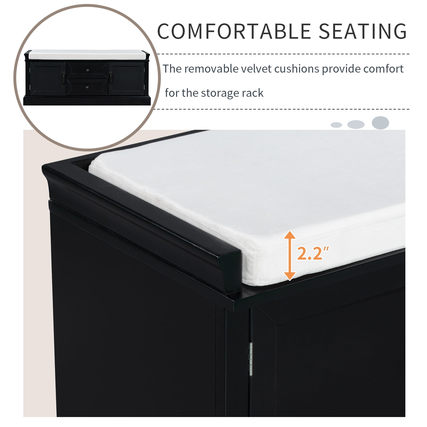 EUROCO 42.5" Storage Bench, Solid Wood Shoe Bench with 2 Drawers and 2 Cabinets and Removable Cushion for Living Room, Entryway, Black