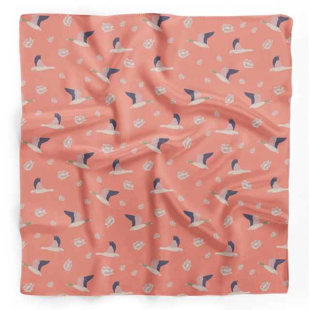 Bimba Orange Ranunculus & Stork Bird Printed Pure Silk Scarf Neck Wrap Summer Hair Bandanas For Women 40 x 80 Inches