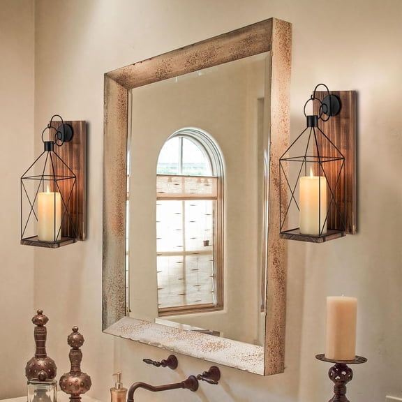 Decorative Wall Candle Sconces with Lantern Design, Wood and Black Metal Farmhouse Style Set of 2, Accent Lighting for Inviting Spaces, For Rustic Home Styling