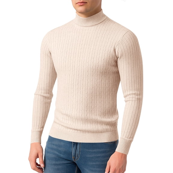 Men's Slim Fit Mock Neck Cable Knit Sweater Casual Long Sleeve Ribbed Pullover