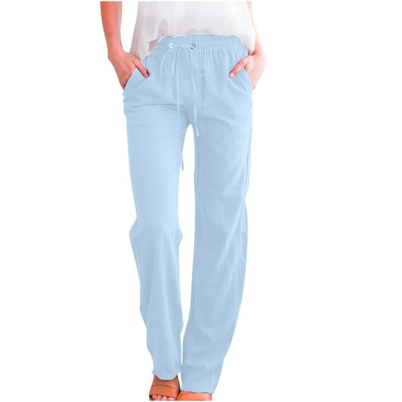 Moxiu Womens Trousers Straight Leg Casual Linen High Waist Pants Drawstring Loose Fit Summer Pants Lounge Trousers with Side Pockets 2025 Light Blue,XXXL