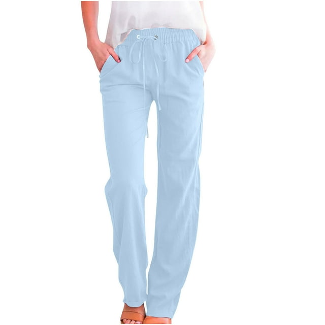 VEKDONE Pantalon Long en Lin pour Femmes Bleu Clair TTG